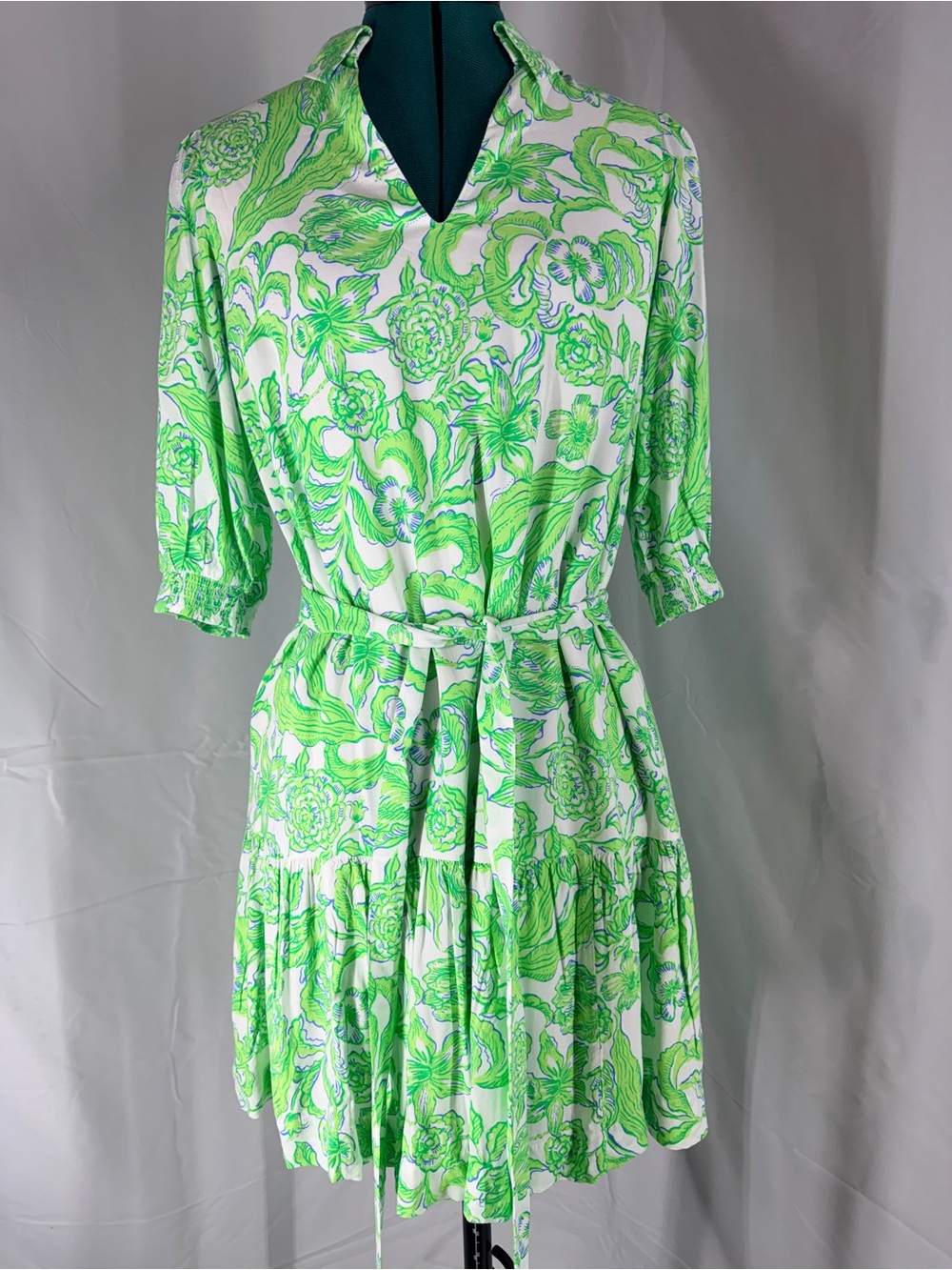 Lilly Pulitzer White and Lime Green Floral Tie-Neck Mini Dress
